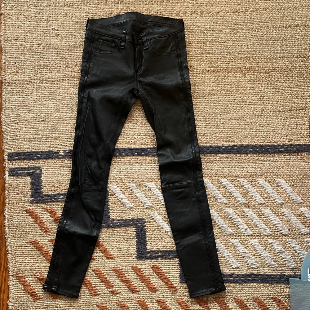 Rag & Bone Jet Black Leather Pant Legging w Side Zipper